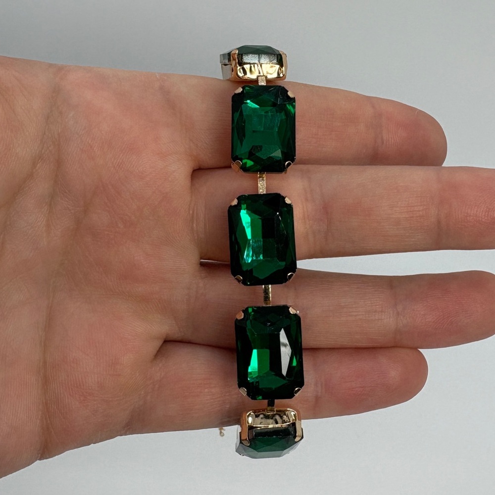 Emerald Green Crystal Statement Bracelet Gold Tone Wedding Formal Jewelry